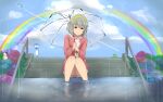  1girl absurdres brown_eyes grey_hair hairband highres holding holding_umbrella idolmaster idolmaster_cinderella_girls looking_down mole mole_under_eye ms_rinmoku narumiya_yume partially_submerged rain rainbow short_hair sketch smile solo transparent transparent_umbrella umbrella 