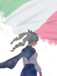  100highball 1girl anchovy_(girls_und_panzer) anzio_school_uniform belt black_cape black_necktie blue_skirt brown_belt cape cloak closed_eyes drill_hair from_behind girls_und_panzer green_hair highres italian_flag jewelry long_hair long_sleeves necktie pleated_skirt red_eyes school_uniform shirt skirt solo solo_focus twin_drills twintails white_shirt 