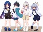  4boys aged_down aqua_eyes aqua_jacket bare_legs bird black_hair black_overalls black_shorts blade_(honkai:_star_rail) blue_hair blue_shoes blush child chinese_clothes closed_mouth commentary dan_heng_(honkai:_star_rail) dragon_horns earrings fake_horns gradient_hair hair_over_one_eye hairband halo head_wings high_ponytail highres honkai:_star_rail honkai_(series) horns jacket jewelry jing_yuan loafers long_hair long_sleeves male_focus mole mole_under_eye momochiwood multicolored_hair multiple_boys overalls ponytail red_eyes red_hair sandals shirt shoes short_hair shorts simple_background smile socks sunday_(honkai:_star_rail) suspenders untranslatable_commentary white_background white_hair white_shirt white_shoes white_socks wings yellow_eyes yellow_hairband yellow_shorts 