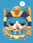  ancient_egyptian_clothes anger_vein blue_background blush commentary_request fire flame-tipped_tail highres hitodama looking_at_viewer multiple_tails no_humans nyanses_ii outline pacifier simple_background solo speech_bubble spoken_anger_vein tail two_tails white_outline yellow_fire youkai_(youkai_watch) youkai_watch zattadayoz 