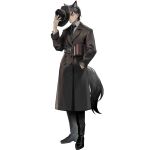  1boy animal_ears arknights artist_request belt benthonexigios_(arknights) black_hair black_shoes book buttons carrying carrying_under_arm coat covered_face double-breasted full_body hand_in_pocket hand_up hat holding holding_book holding_unworn_clothes holding_unworn_hat official_art sad shoes short_hair solo tachi-e tail third-party_source transparent_background unworn_hat unworn_headwear wolf_boy wolf_ears wolf_tail 