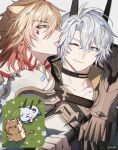  2boys animal_ears antenna_hair armor black_choker black_coat black_shirt blonde_hair blue_eyes braid choker clawed_gauntlets coat facial_tattoo gold_necklace gradient_hair hashtag-only_commentary highres honkai:_star_rail honkai_(series) horns jewelry licking lion_boy lion_ears lion_tail male_focus medium_hair multicolored_hair multiple_boys mydei_(honkai:_star_rail) neck_tattoo necklace one_eye_closed open_clothes open_coat parted_bangs pauldrons phainon_(honkai:_star_rail) pin3909 red_hair red_tattoo sheep_boy sheep_ears sheep_horns shirt short_hair shoulder_armor side_braid single_pauldron sun_symbol sun_tattoo tail tattoo white_coat white_hair yaoi yellow_eyes 