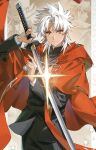  1boy amakusa_shirou_(fate) amakusa_shirou_(phantom_thief)_(fate) amakusa_shirou_(third_ascension)_(fate) ayasyacyo cassock cross cross_necklace dark-skinned_male dark_skin earrings fate/apocrypha fate/grand_order fate_(series) gloves hat highres holding holding_sword holding_weapon jewelry jinbaori katana long_hair looking_at_viewer mask_on_hat miike_tenta_mitsuyo_(fate) necklace orange_eyes priest red_robe robe solo stole sword top_hat unsheathed weapon white_hair 