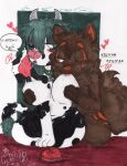anthro artemis_(pancakesable) blush bodily_fluids bovid bovine breast_grab breast_milking breast_play breast_suck breasts cattle dialogue drawing duo embarrassed female female/female fluffy fluffy_tail green_eyes green_hair gulonine hair hand_on_breast heart_eyes heart_symbol hi_res holidays holstein_friesian_cattle japanese_text lactating mammal marten mootsncompany mumei_(mootsncompany) mustelid musteline nipple_fetish nipple_play nipple_suck sable_(marten) sketch speech_bubble sucking tail text thick_thighs traditional_media_(artwork) valentine's_day