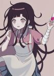  1girl absurdres apron bandaged_arm bandages bangs black_hair blood brown_background collared_shirt commentary cowboy_shot danganronpa_(series) danganronpa_2:_goodbye_despair dress_shirt green_skirt hands_up highres holding holding_syringe long_hair messy_hair mole mole_under_eye nk_(dzzx8334) open_mouth pale_skin pink_blood pink_eyes pink_shirt pleated_skirt puffy_short_sleeves puffy_sleeves purple_hair shiny shiny_hair shirt short_sleeves simple_background skirt solo syringe tsumiki_mikan white_apron 