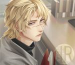  1boy alternate_costume alternate_hairstyle artist_logo badeni blonde_hair chi.:_chikyuu_no_undou_ni_tsuite closed_mouth commentary_request contemporary grey_jacket iorbtyn jacket logo looking_at_viewer male_focus medium_hair solo 