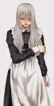  1girl apron black_dress blood blush bruise bruise_on_face bruised_eye dress grey_hair highres hoshi_san_3 injury long_hair long_sleeves looking_at_viewer maid maid_apron nosebleed open_mouth original red_eyes simple_background solo standing white_apron white_background 