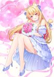  1girl animal_ear_fluff animal_ears balloon blonde_hair blue_dress blue_shoes bouquet cat_ears cat_girl cat_tail chitetan colored_inner_hair commentary_request dress flower heart_balloon high_heels holding holding_bouquet indie_virtual_youtuber long_hair looking_at_viewer multicolored_hair off-shoulder_dress off_shoulder open_mouth pink_eyes pink_flower pink_hair pink_rose rose shoes solo streaked_hair tail teeth tiara two-tone_hair upper_teeth_only watermark watermark_grid 