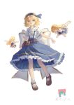  1girl absurdres alice_margatroid alice_margatroid_(pc-98) back_bow belt_pouch black_shoes blonde_hair blue_hairband blue_skirt bow collared_shirt commentary_request curtained_hair floating frilled_shirt_collar frilled_skirt frills full_body hairband handong_luhuo highres looking_at_viewer mary_janes oversized_object parted_lips pouch shanghai_doll shirt shoes short_hair short_sleeves skirt socks solo suspender_skirt suspenders touhou touhou_(pc-98) white_shirt white_socks yellow_eyes 