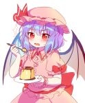  1girl bangs bat_wings belt blush bow caramell0501 collar dress eyebrows_visible_through_hair food hair_between_eyes hands_up hat hat_ribbon highres looking_at_viewer mob_cap open_mouth pink_dress pink_headwear pink_sleeves plate pudding puffy_short_sleeves puffy_sleeves purple_hair red_belt red_bow red_eyes red_ribbon remilia_scarlet ribbon short_hair short_sleeves simple_background solo spoon touhou white_background wings wrist_cuffs 