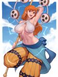  1girl armpits asura_(asurauser) belt blue_belt border breasts cloud cosplay earrings enel enel_(cosplay) highres holding holding_staff jewelry large_breasts lightning long_hair mitsudomoe_(shape) nami_(one_piece) navel one_piece open_mouth orange_hair pants sky smile solo staff standing standing_on_one_leg tomoe_(symbol) white_border 
