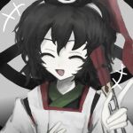  +++ 1other ^_^ androgynous black_hair black_hat black_kimono bright_pupils chinese_commentary closed_eyes commentary_request detached_sleeves dot_nose eye_of_senri grey_background hair_between_eyes hand_on_own_chest happy hat hat_ribbon holding holding_rod iett9302 japanese_clothes kariginu kimono laughing len'en long_sleeves open_mouth other_focus red_ribbon ribbon rod senri_tsurubami short_hair smile solo tate_eboshi upper_body white_sleeves wide_sleeves 