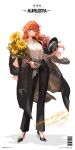  1girl absurdres alternate_costume artist_name augusta_(wuthering_waves) black_coat black_hat black_pants black_shoes breasts butyou_(mika1412) center_opening character_name coat commentary flower full_body hair_between_eyes hat high_heels highres holding holding_flower holding_unworn_clothes holding_unworn_hat jewelry large_breasts looking_at_viewer necklace orange_hair pants red_eyes shirt shoes solo standing sun_hat sunflower unworn_hat unworn_headwear white_shirt wuthering_waves 