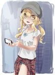 1girl :d absurdres blonde_hair blue_bow border borrowed_character bow cellphone clothes_around_waist cowboy_shot grey_shorts hair_between_eyes hat highres holding holding_phone jacket jacket_around_waist looking_at_viewer low_twintails open_mouth original phone reiga_(act000) shirt short_shorts short_sleeves shorts smartphone smile solo standing twintails white_border white_shirt yellow_eyes 