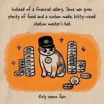 ambiguous_gender calico_cat calico_pattern can caroline_quach cat_food clothing container deity domestic_cat english_text exploding_kittens felid feline felis female_(lore) feral fish_symbol hat headgear headwear honorary_eternal_stationmaster_tama kepi low_res mammal medallion official_art pet_food sitting solo sparkles text uniform wakayama_electric_railway_co_ltd wearing_hat