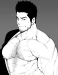  1boy abs bara bare_pectorals beard bleach chest_hair facial_hair greyscale hadanugi_dousa hairy kurosaki_isshin large_pectorals long_sideburns looking_at_viewer mabataki male_focus mature_male monochrome muscular muscular_male navel_hair nipples pectorals short_hair sideburns single_bare_shoulder smile solo stubble upper_body veins 