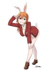 1girl 501st_joint_fighter_wing absurdres animal_ears bent_over blue_eyes charlotte_e._yeager dragoncastle eyebrows_visible_through_hair grey_background highres jacket looking_at_viewer orange_hair rabbit_ears rabbit_girl rabbit_tail red_jacket salute shirt solo strike_witches tail white_shirt world_witches_series 