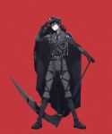  1boy aiguillette bandage_on_face bandages bandages_over_mouth belt black_belt black_boots black_cape black_eyes black_gloves black_hair black_hat black_necktie blood blood_on_weapon boots buttons can25orp cape collared_shirt commentary_request covered_mouth double-breasted full_body fur-trimmed_cape fur_trim gloves grey_jacket grey_pants grey_shirt hair_between_eyes hand_on_headwear hand_on_weapon hat heterochromia highres holding holding_scythe isaac_foster jacket knee_boots lace-up_boots legs_apart long_sleeves looking_at_viewer male_focus military_hat military_uniform necktie pants pants_tucked_in peaked_cap red_background sam_browne_belt satsuriku_no_tenshi scythe shirt short_hair sideways_glance signature simple_background sleeve_cuffs solo standing thigh_strap weapon yellow_eyes 