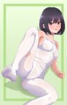  1girl akippoi_0919 barefoot black_hair breasts brown_eyes competition_school_swimsuit covered_navel feet_out_of_frame green_background highres leg_up one-piece_swimsuit original pantyhose pantyhose_under_swimsuit school_swimsuit short_hair small_breasts solo swimsuit two-tone_background white_one-piece_swimsuit white_pantyhose 