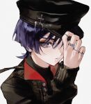  1boy alternate_costume bishounen black_hat black_jacket black_shirt black_sleeves blunt_ends bright_pupils casual choppy_bangs closed_mouth cnorkie commentary contemporary earrings eyelashes eyeshadow genshin_impact hand_over_eye hand_up hat hat_tip highres jacket jewelry long_sleeves makeup male_focus multiple_rings peaked_cap portrait purple_eyes purple_hair red_eyeshadow ring scaramouche_(genshin_impact) shirt solo tsurime turtleneck turtleneck_shirt undershirt untranslatable_commentary white_background white_pupils 