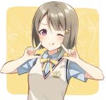  1girl :q asymmetrical_hair bob_cut brown_hair collared_shirt crescent crescent_hair_ornament grey_hair hair_ornament hairclip love_live! love_live!_nijigasaki_high_school_idol_club multiple_views nakasu_kasumi neck_ribbon nijigasaki_academy_uniform nonono pointing pointing_at_self red_eyes ribbon shirt short_hair short_sleeves summer_uniform sweater_vest tongue tongue_out vest white_shirt white_vest yellow_neckwear 