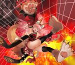  1girl animal_ears animal_hands bell checkered checkered_background detached_sleeves fangs fate/grand_order fate_(series) fox_ears fox_tail gloves highres neck_bell nishiide_kengorou paw_gloves paw_shoes pink_hair ponytail shoes tail tamamo_(fate) tamamo_cat_(fate) thighhighs thighs yellow_eyes 