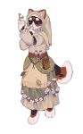  1girl animal_ears apron bead_charm beads belt belt_charm belt_pouch brown_belt calico_(pattern) cat_ears cat_girl cat_tail charm_(object) commentary english_commentary flower fringe_trim full_body furry furry_female green_skirt headscarf highres holding holding_flower leaf long_sleeves mimi_(mourninglamby) orange_eyes personification pouch prayer_beads rosary shirt simple_background skirt solo spottedleaf standing standing_on_one_leg starclan_emblem tachi-e tail the_prophecies_begin warrior_cats whiskers white_apron white_flower white_shirt 