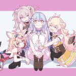  4girls ahoge animal_ears bangs black_hair blonde_hair blue_hair bodice braid colored_tips corset double_bun ear_piercing elf fennec_fox flower fox_ears fox_girl fox_tail frilled_shirt frills gradient_hair grey_eyes grey_hair hair_between_eyes hair_flower hair_ornament hair_ribbon hairclip heart_ahoge highres hololive lion_ears lion_girl long_hair messy_hair momosuzu_nene multicolored_hair multiple_girls nepolabo omaru_polka piercing pink_hair playing_card_theme pointy_ears purple_eyes ribbon shirt shishiro_botan sidelocks silver_hair sleeveless sleeveless_shirt snowflake_hair_ornament streaked_hair tail tomura_kino two_side_up very_long_hair virtual_youtuber x_hair_ornament yellow_eyes yukihana_lamy 