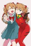  2girls aged_down blue_eyes bodysuit bow bowtie breasts closed_eyes collared_shirt cowboy_shot dual_persona eyepatch grey_background hair_between_eyes hair_ornament hand_up happy headgear highres holding interface_headset leaning_forward legs_apart long_hair looking_at_viewer multiple_girls neon_genesis_evangelion one_eye_closed open_mouth orange_hair outline outstretched_arm plugsuit pointing pointing_at_viewer school_uniform shirt simple_background skinny small_breasts smile souryuu_asuka_langley standing takenashi_eri time_paradox turtleneck twitter_username v 
