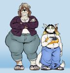 2025 5_toes anthro belly belt_buckle black_nose blue_background blue_bottomwear blue_clothing blue_pants bodily_fluids bottomwear brown_body brown_fur buckle canid canine canis clothed clothing crossed_arms denim denim_bottomwear denim_clothing digital_media_(artwork) domestic_cat domestic_dog duo electronics eyewear feet felid feline felis female female/female flip_flops footwear fur glasses green_eyes grey_bottomwear grey_clothing grey_pants holding_object holding_phone jeans legwear long_tail mammal margarine_(silverscarf) midriff multicolored_body multicolored_fur oversized_bottomwear oversized_clothing oversized_pants overweight pants phone pink_nose pointy_ears ring sandals shoes silverscarf simple_background slightly_chubby slightly_chubby_anthro slightly_chubby_female sweat sweatdrop t-mobile tail thigh_highs toes turkish_angora white_clothing white_footwear