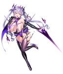  1girl :d absurdres aqua_pupils arm_at_side barcode barcode_tattoo bare_shoulders black_boots black_bridal_gauntlets black_leotard blush boots breast_suppress breasts bridal_gauntlets bright_pupils cleavage commentary_request corruption detached_collar full_body genderswap genderswap_(mtf) groin hair_between_eyes hair_ornament halter_leotard halterneck high_heel_boots high_heels highres holding holding_sword holding_weapon huge_breasts invisible_floor latex latex_boots latex_bridal_gauntlets leotard long_hair looking_at_viewer multicolored_hair natsume_kaoru open_mouth outstretched_arm pubic_tattoo_through_clothing purple_eyes purple_hair purple_streaks purple_trim purple_wings pussy_juice satou_kuuki shiny_clothes sidelocks simple_background single_wing smile solo standing standing_on_one_leg streaked_hair sword tattoo twintails upturned_eyes vanishing_reality_(satou_kuuki) variant_set weapon white_background wings 