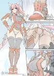  1girl absurdres animal_ears artist_name ass black_thighhighs breasts character_request commentary_request copyright_request destruction facial_mark from_above full_body giant giantess highres holding holding_weapon looking_down panties pink_hair seo_tatsuya thighhighs twitter_username underwear weapon white_panties 