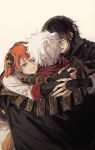  1girl 2boys absurdres beads black_cloak black_hair blue_eyes chinese_commentary cloak close-up commentary_request fingerless_gloves gintama gloves goggles group_hug hair_ornament hairclip haori happy highres hug japanese_clothes jewelry kagura_(gintama) kimono leaning long_hair messy_hair multiple_boys necklace ofuda orange_hair prayer_beads red_hair robe sakata_gintoki shimura_shinpachi short_hair simple_background smile talisman upper_body white_hair ziyi_zhengjun 