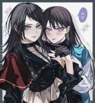  2girls bang_dream! bang_dream!_it's_mygo!!!!! black_gloves black_hair blackfangs capelet closed_mouth commentary gloves hand_up highres jacket long_hair long_sleeves looking_at_viewer mole mole_under_eye multiple_girls nail_polish photo-referenced purple_eyes purple_nails red_capelet selfie semi-rimless_eyewear shiina_taki timoris_(bang_dream!) untranslatable_commentary yahata_umiri 