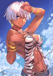  1girl animal_print bikini bikini_under_clothes blue_eyes blue_sky bracelet commentary_request dark-skinned_female dark_skin denim denim_shorts elena_(street_fighter) gold_bracelet highleg highleg_bikini hinoru_saikusa jewelry micro_shorts multiple_bracelets official_alternate_costume shorts sky smile solo street_fighter street_fighter_6 swimsuit toned toned_female wet white_hair zebra_print 