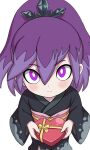  1girl abr262657 absurdres black_kimono box bright_pupils commentary_request heart-shaped_box highres holding holding_box hyakkihime japanese_clothes kimono long_hair looking_at_viewer purple_eyes purple_hair simple_background solo white_background white_pupils youkai_(youkai_watch) youkai_watch 