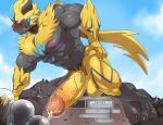 anthro balls big_penis black_body blue_eyes blush bodily_fluids crush destruction erection exercise facility felid fur generation_7_pokemon genital_fluids genitals hi_res legendary_pokemon macro maldu male mammal mountain muscular muscular_male nintendo nude penetration penile penis penis_milking pokemon pokemon_(species) precum push-up sexercise solo volcano whiskers yellow_body yellow_fur zeraora