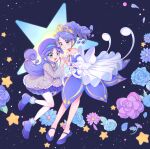  2girls :d absurdres aqua_ribbon back_bow bare_shoulders blue_background blue_boots blue_dress blue_flower blue_hair blue_hat blue_nails blue_rose blue_shoes blue_skirt blush boots bow brooch buttons carnation chinese_commentary choker closed_mouth commentary curly_hair curtained_hair daisy_(flower) detached_sleeves double-breasted dress dress_ribbon dual_persona earrings falling_petals fingernails floral_background flower frilled_dress frilled_jacket frilled_sleeves frills full_body fushigiboshi_no_futago_hime fushigiboshi_no_futago_hime_gyu gold_buttons gold_choker gold_earrings gold_tiara green_eyes grey_jacket hair_ornament hat hat_ornament hat_ribbon heart heart_brooch highres hime_lolita interlocked_fingers jacket jewelry layered_dress leg_up liangkou light_particles lolita_fashion long_hair long_sleeves looking_at_viewer low-tied_long_hair magical_girl mary_janes miniskirt multiple_girls nail_polish newsboy_cap off-shoulder_dress off_shoulder open_mouth pantyhose parted_bangs petals pleated_skirt pom_pom_(clothes) pom_pom_hat_ornament purple_flower rein_(futagohime) rein_(universal_princess)_(futagohime) ribbon ringlets rose royal_wonder_academy_school_uniform school_uniform shoes skirt smile star_(symbol) star_earrings star_hair_ornament star_symbol_background strapless strapless_dress teeth tiara upper_teeth_only very_long_hair white_bow white_pantyhose wide_sleeves wrist_flower 