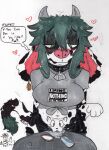 absurd_res anthro blush bodily_fluids bottle bovid bovine cattle clothing collar container cowbell dialogue domestic_cat drawing ear_piercing felid feline felis female furniture genital_fluids genitals green_eyes green_hair grey_clothing grey_shirt grey_t-shirt grey_topwear hair hi_res holstein_friesian_cattle looking_down mammal marker milk milk_bottle milk_container mootsncompany mumei_(mootsncompany) name_in_dialogue piercing shirt sketch solo speech_bubble t-shirt table tail topwear traditional_media_(artwork) vaginal_fluids vulva