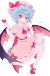  1girl absurdres ascot bat_wings blue_hair brooch closed_mouth collared_shirt commentary_request cup drinking_glass frilled_shirt_collar frilled_skirt frilled_wrist_cuffs frills full_body hands_up hat highres holding holding_cup jewelry legs_up looking_at_viewer mary_janes misakiii mob_cap pink_hat pink_shirt pink_skirt pointy_ears puffy_short_sleeves puffy_sleeves red_ascot red_eyes red_shoes remilia_scarlet ribbon-trimmed_skirt ribbon_trim shirt shoes short_hair short_sleeves skirt skirt_set smile socks solo touhou white_socks white_wrist_cuffs wine_glass wings wrist_cuffs 