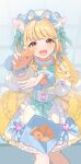  1girl :d animal_ear_fluff animal_ears blonde_hair blue_hat blush bow braid capelet cat_ears cat_girl commentary dress fang feet_out_of_frame food frilled_dress frills fujita_kotone fur-trimmed_capelet fur_trim gakuen_idolmaster green_bow hair_bow hat highres holding holding_food idolmaster kemonomimi_mode long_hair long_sleeves looking_at_viewer misuzu0342 open_mouth smile solo standing twin_braids untranslatable_commentary waist_bow white_dress yellow_capelet yellow_eyes 