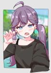  1girl :o ahoge black_shirt blue_eyes blurry blurry_background blush braid claw_pose collarbone commentary_request ear_piercing gakuen_idolmaster idolmaster kaya_rinha long_hair looking_at_viewer outdoors piercing purple_hair selfie shinouzip shirt single_bare_shoulder solo upper_body very_long_hair 