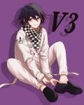  1boy bangs black_footwear black_hair buttons checkered checkered_neckwear checkered_scarf commentary danganronpa_(series) danganronpa_v3:_killing_harmony double-breasted eyebrows_visible_through_hair full_body grin hair_between_eyes highres jacket knees_up long_sleeves looking_at_viewer male_focus ouma_kokichi pants poihull purple_background purple_eyes purple_hair scarf shoes short_hair simple_background sitting smile solo straitjacket teeth white_jacket 