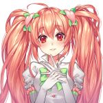  1girl :d \||/ ahoge blush bow bowtie breasts buttons collared_shirt commentary commission double-parted_bangs double_\||/ elbow_gloves english_commentary eyes_visible_through_hair frilled_sleeves frills gloves green_bow green_bowtie grin hair_between_eyes hair_ornament hand_on_own_chest hands_up heart heart_hair_ornament highres huge_ahoge leaf_hair_ornament long_hair looking_at_viewer orange_hair original own_hands_together puffy_short_sleeves puffy_sleeves raised_eyebrows red_eyes shirt short_sleeves simple_background small_breasts smile solo sparkle straight-on tareme twintails ultracat very_long_hair white_background white_gloves white_shirt 