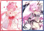  1girl alternate_costume animal_ear_fluff animal_ears arm_up bare_shoulders beret black_gloves black_skirt blue_eyes breasts cat_ears cat_girl chinese_commentary cleavage closed_mouth commentary_request dress elysia_(hi_love_elf)_(honkai_impact) elysia_(honkai_impact) euzh266 fingerless_gloves flag gloves hand_up hat highres holding holding_flag honkai_(series) honkai_impact_3rd index_finger_raised kemonomimi_mode large_breasts leaning_forward long_hair looking_at_viewer multicolored_hair navel pink_hair pink_pupils purple_eyes race_queen sample_watermark skirt smile stomach streaked_hair thighs two-tone_skirt very_long_hair watermark white_dress white_hat white_skirt 