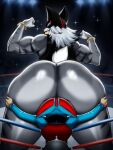 anthro biceps big_butt black_mask blue_sclera butt butt_smother domestic_cat duo felid feline felis female fighting_ring flexing flexing_bicep flexing_both_biceps fur grey_body grey_fur hair hi_res looking_at_another looking_back looking_back_at_another mammal mask multicolored_body multicolored_fur muscular muscular_anthro muscular_female prehistoric_species raven_(roboticsteve) ring_cats saber-toothed_tiger saber_(roboticsteve) scut_tail short_tail size_difference smile smothering sports_mask sportswear striped_body striped_fur stripes tail tan_body tan_fur teeth wertigkeit white_body white_fur white_hair wrestler wrestling_mask
