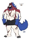  1boy abs absurdres animal_ears artist_logo bara beard belly black_male_underwear blue_fur blue_hair body_fur boxer_briefs bulge claws cross_scar facial_hair flat_color full_beard full_body furrification furry furry_male goatee graysheartart highres large_pectorals logo looking_at_viewer male_focus male_underwear mature_male multiple_scars muscular muscular_male navel navel_hair nipples pectorals plump pokemon scar scar_on_arm scar_on_chest scar_on_leg scar_on_stomach short_hair solo standing stomach strongman_waist tail thick_arms thick_eyebrows thick_thighs thighs topless_male underwear underwear_only wolf_boy wolf_ears wolf_tail zamazenta 