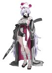  1girl absurdres age_progression bandages blue_archive breasts cleavage commentary_request detached_sleeves full_body grey_kimono gun halo highres holding holding_gun holding_weapon japanese_clothes kimono koppepan_agp large_breasts long_hair okobo open_mouth platform_sandals red_eyes sandals short_kimono shuro_(blue_archive) simple_background solo standing very_long_hair weapon white_background white_hair 