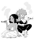  2girls barefoot body_freckles bra breast_freckles breasts colored_sclera commentary drugged english_commentary female_goblin freckles goblin greyscale hair_over_eyes hatching_(texture) highres holding holding_smoking_pipe large_breasts linear_hatching miregeist monochrome multiple_girls open_mouth original pants pointy_ears red_sclera short_hair shoulder_freckles simple_background smoke smoke_trail smoking smoking_pipe spot_color underwear white_background 