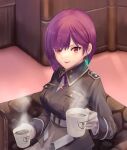  1girl absurdres belt black_jacket blunt_ends bob_cut breasts coffee coffee_mug commentary cowboy_shot cup dual_wielding earrings eyes_visible_through_hair gloves hair_behind_ear hair_between_eyes heaven_burns_red highres holding holding_cup incoming_food indoors jacket jewelry large_breasts long_sleeves looking_at_viewer mature_female military_uniform missing_headwear mug null1000_4869 open_mouth purple_hair red_eyes short_hair sitting smile solo steam tezuka_saki white_belt white_gloves 